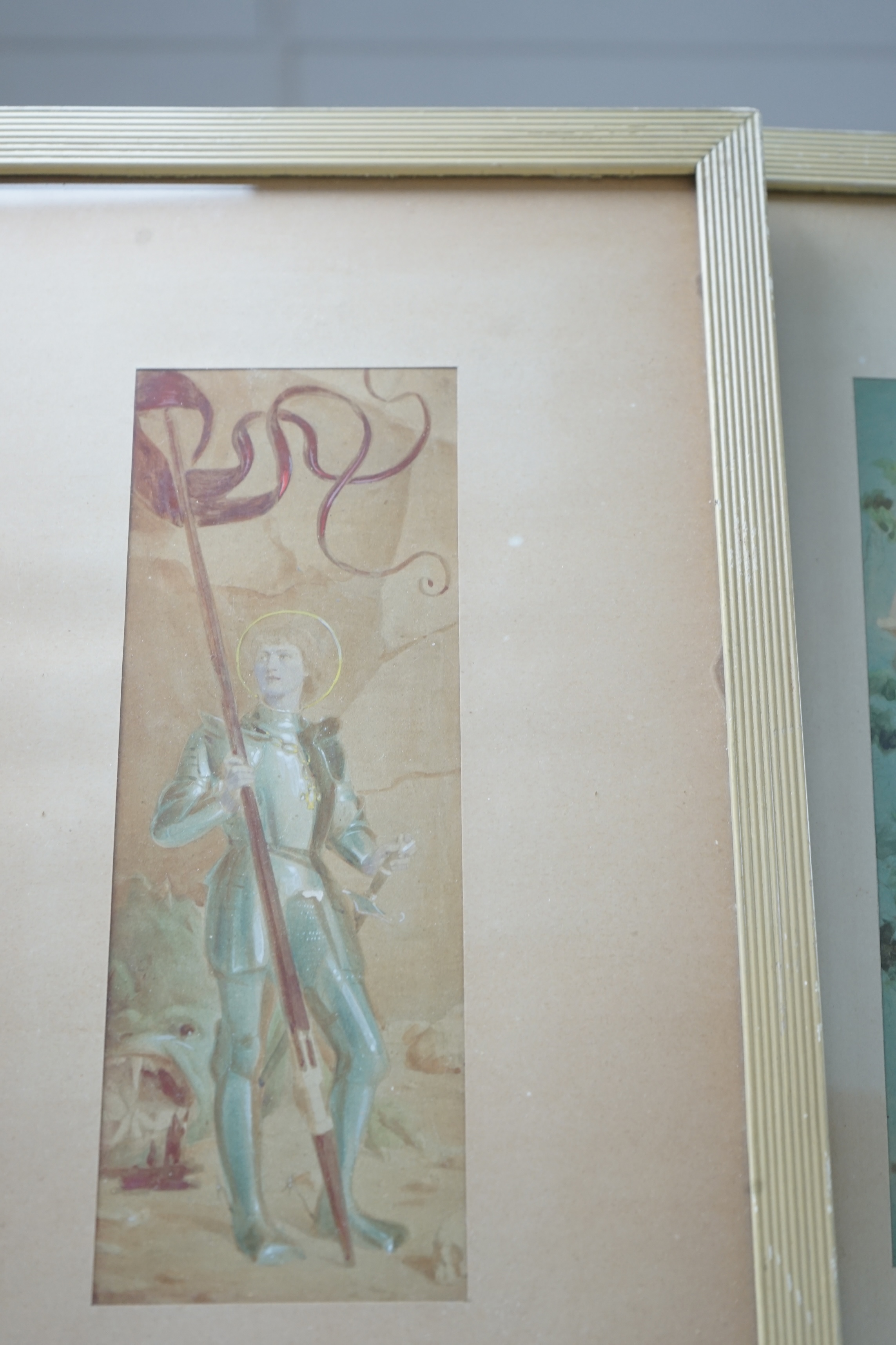 Early 20th century, two watercolours, Joan d'Arc and Dionysus, unsigned, 24.5 x 8cm. Condition - fair